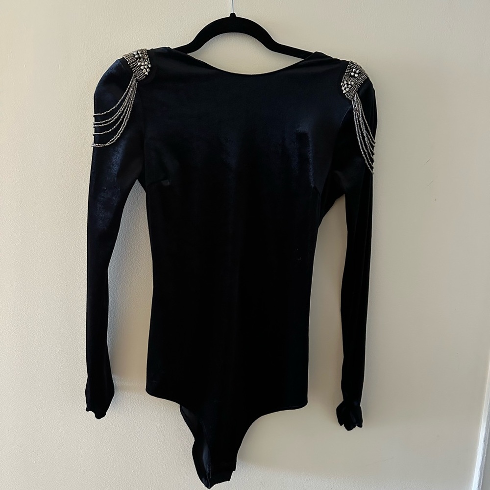 Zara Black Embellished Velvet Long-Sleeve Bodysuit